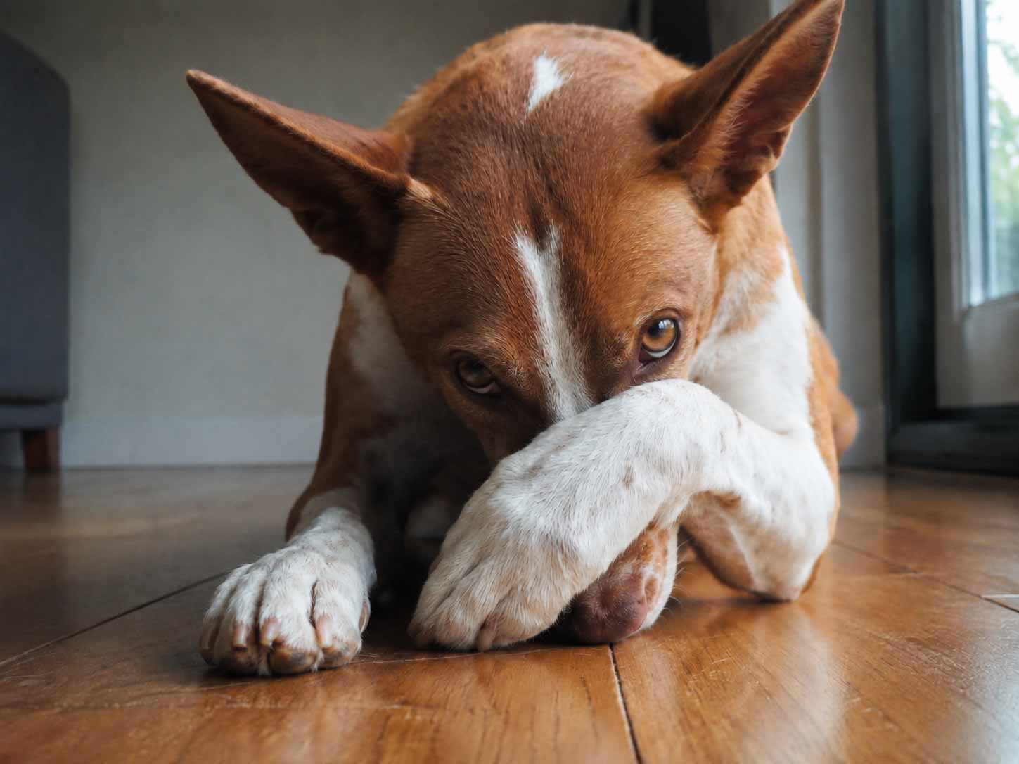 Braun weißer Hund liegt mit der Pfote vor dem Gesicht auf einem Holzboden