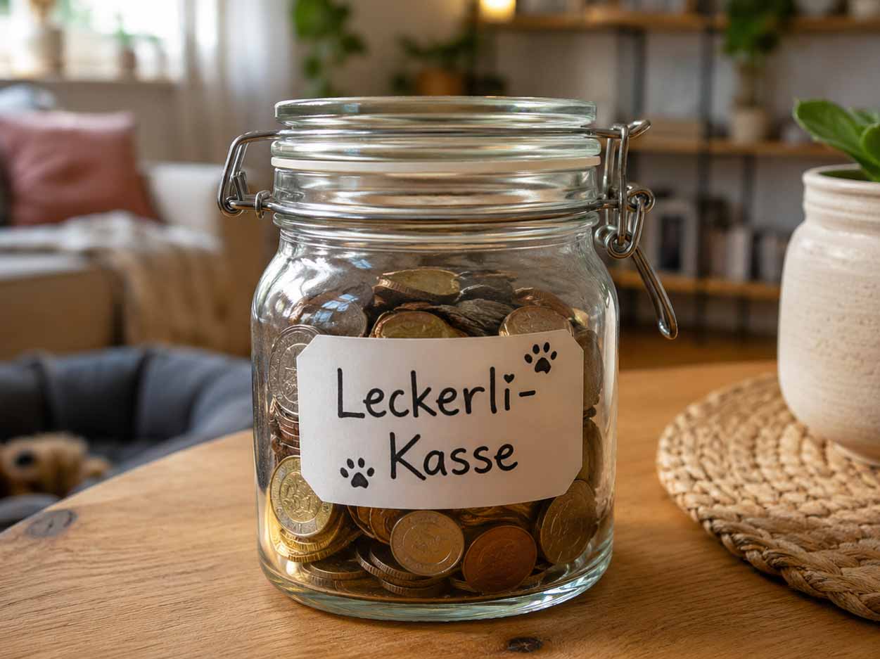 Einmachglas mit Münzen und dem handgeschriebenen Aufkleber Leckerli Kasse auf einem Tisch im Wohnbereich