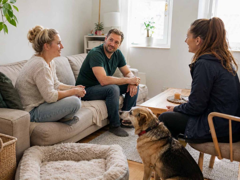 Drei Personen im Gespräch bei einer Vorkontrolle mit Hund im Wohnzimmer