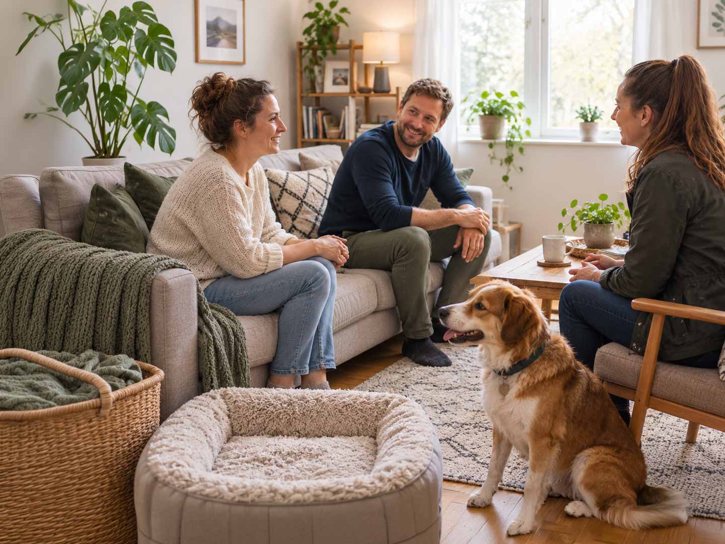 Drei Personen im Gespräch bei einer Vorkontrolle mit Hund im Wohnzimmer